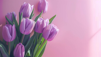Fototapeta premium Purple tulips on a pastel seafoam green background with plenty of space for copy