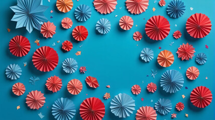 Crafty Celebration Ensemble: Set of Festive Paper Decorations for DIY Art Installation on Blue Background, Generative AI