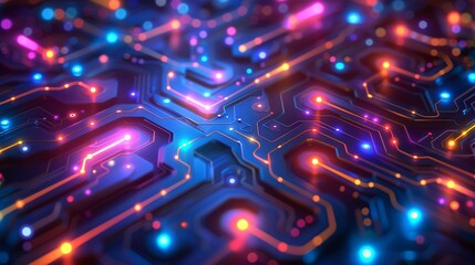 A maze of interconnected electrical circuits symbolizing the complex pathways of quantum particles. Flat color illustration, shiny, Minimal and Simple,