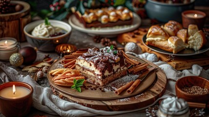 Fototapeta premium A festive table setting with various holiday desserts, including a tiramisu, cinnamon rolls, and candles, creating a cozy atmosphere.