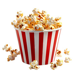 Red and white striped bucket filled with delicious, buttery popcorn isolated on white background, perfect for movie night or snack time.