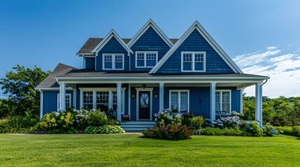 Fototapeta premium Blue house with white trim, green lawn and clear blue sky.