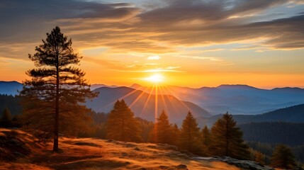 Breathtaking sunrise over a scenic mountain landscape with vibrant colors and tall pine trees creating a serene and tranquil atmosphere.