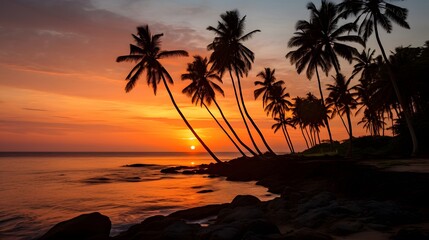 Serene sunset over a tropical beach with silhouetted palm trees and calm ocean waves, creating a peaceful and picturesque natural landscape.