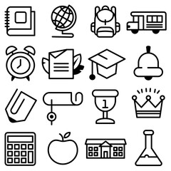 Line icons of school elements on isolated white background. Vector illustration.