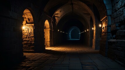 Obraz premium Dark dungeon long medieval castle corridor backgrounds, scary endless medieval catacombs with torches.