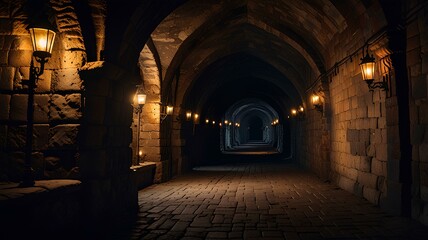 Fototapeta premium Dark dungeon long medieval castle corridor backgrounds, scary endless medieval catacombs with torches.