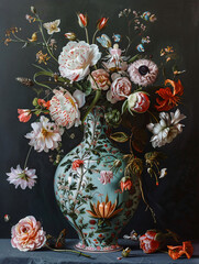 Baroque-Inspired Drama: Photorealistic Vase with Flowers in Extraordinary Patterns