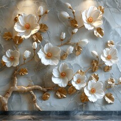 A painting of a bouquet of white flowers with gold accents