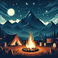 Campfire illustration background at night in mountains with no people.