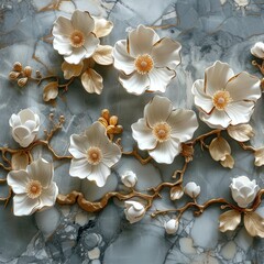 A painting of a bouquet of white flowers with gold accents