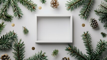 Christmas themed background with a white square frame in the middle, gold accents, pine branches and cones, white background, Christmas tree decorations.