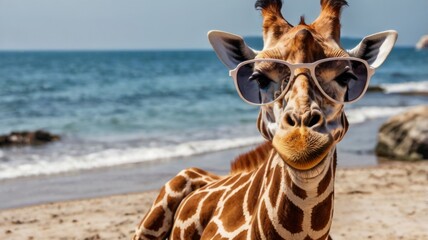 Obraz premium A cool giraffe is so beautiful and funny.The backround has palm trees and complete the mood of the shot.Giraffe looks happy and peaceful