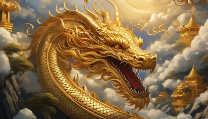 Obraz premium Majestic zodiac golden dragon naga with many tresure,hyper realistic,depth of fild,beutiful