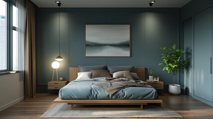Modern bedroom with minimalist design, cozy bed, wooden furniture, and a large window bringing in natural light.