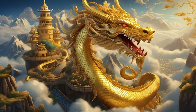 Firefly Majestic zodiac golden dragon naga with many tresure,hyper realistic,depth of fild,beutiful