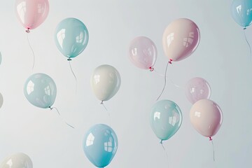 Minimalist balloons in soft pastel colors floating upwards on a white background