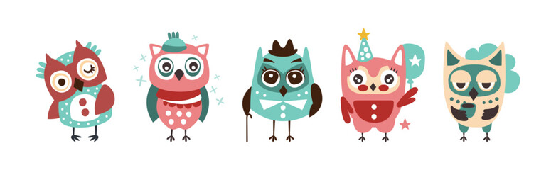 Funny Owl Cute Character with Wings Vector Set