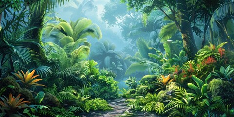 Lush Green Jungle with Tropical Plants