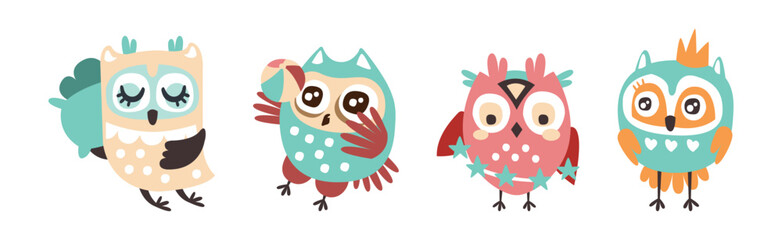 Funny Owl Cute Character with Wings Vector Set
