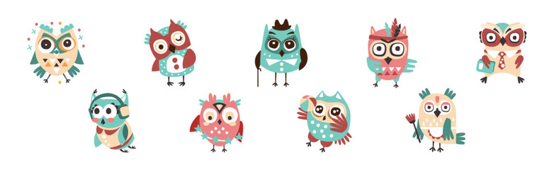 Funny Owl Cute Character with Wings Vector Set