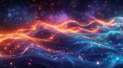 A cosmic dance of particles exchanging energy and information, perpetuating the interconnectedness of the universe. Flat color illustration, shiny, Minimal and Simple,