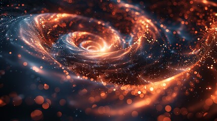 Quantum chaos visualized as swirling patterns of particles, embodying unpredictability within deterministic systems. Flat color illustration, shiny, Minimal and Simple,