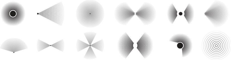 Set of radar icon. Sonar sound waves icon. Signal concentric circles. Sonar wave and echo sounding symbol isolated on transparent background. Vector illustration