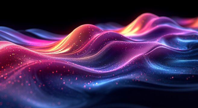 A close up of a wave of colored light on a black background