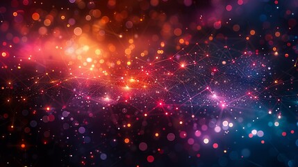 A cosmic web of entangled particles spanning across vast distances, connecting the fundamental fabric of reality. Flat color illustration, shiny, Minimal and Simple,