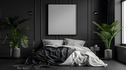 Dark grey bedroom interior with bed and blank picture frame on wall mockup. Minimalist home decor design for living room or hotel bedroom background.