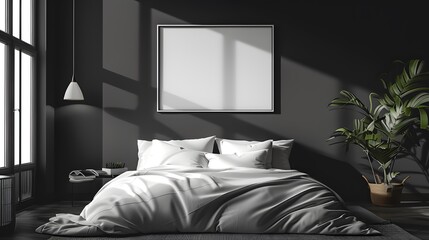 Dark grey bedroom interior with bed and blank picture frame on wall mockup. Minimalist home decor design for living room or hotel bedroom background.