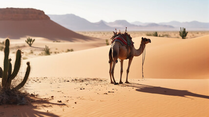 Nomadic Expedition: Desert Landscape with a Camel and Prickly Cactus, Embarking on a Timeless Journey Across the Arid Sands, Generative AI