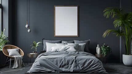 Dark grey bedroom interior with bed and blank picture frame on wall mockup. Minimalist home decor design for living room or hotel bedroom background.