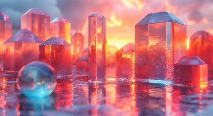 Naklejka premium Illuminated ice cubes glow with internal fire, nestled on a reflective surface amidst shards.