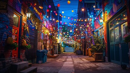 Fototapeta premium Vibrant Juneteenth Extravaganza: Otherworldly Decor in Urban Alleyway