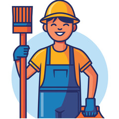 Young smiling male construction worker holding broom, wearing yellow hard hat, blue overalls, safety gloves, standing happy. Cartoon man construction attire ready work, cleanup, maintenance jobs