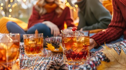 Autumn Picnic with Friends Enjoying Drinks and Cozy Atmosphere