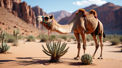Desert Nomad Trek: Scene of a Desert with a Camel and Thorny Cactus, Capturing the Nomadic Spirit and Timeless Beauty of the Arid Wilderness, Generative AI