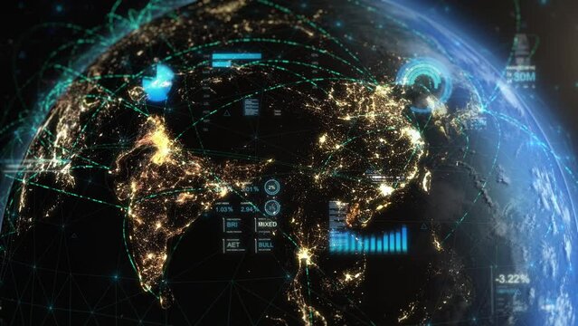 Great Animation of Asia From Space with Financial Charts and Figures. Abstract Beautiful 3D Animation. Futuristic Business and Technology Concept, Artificial intelligence, IOT, AR. China, India, Japan
