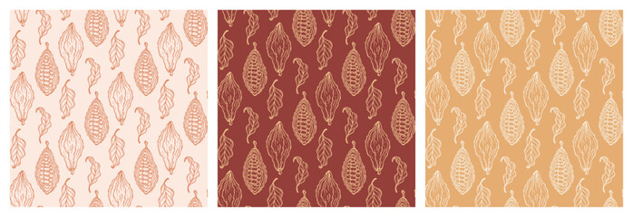 Set of Three Seamless Floral Patterns with Cacao Pods. Cocoa Beans and Leaves. Tropical Fruits. Great for Packaging design of milk, white and dark bitter Chocolate or cocoa powder. Hand drawing.