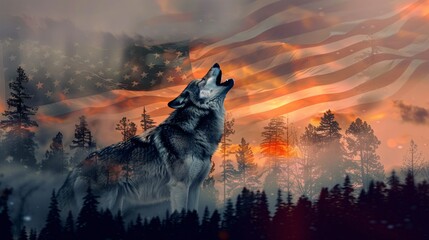 Patriotic Gray Wolf Howling at Dawn with Faint American Flag Double Exposure in Sky