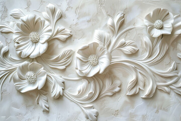 Elegant white floral relief sculpture on a textured background, showcasing detailed craftsmanship in 3D floral design.