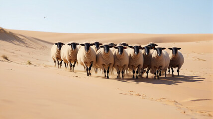 Dune Dash Delight: Herd of Sheep Dashing Across Sandy Dunes, Their Eager Faces Reflecting the Joy of Freedom and Exploration, Generative AI