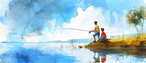 Naklejka premium Heartwarming Father and Son Fishing on Tranquil Lake - Father's Day Watercolor Illustration with Blue Sky