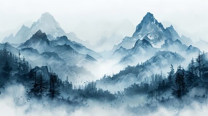 A Misty Mountain Landscape in Shades of Blue. Generative AI
