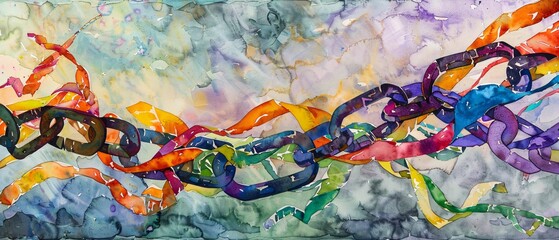 Journey to Liberation: Watercolor Art Celebrating Juneteenth Emancipation with Chains Turning into Freedom Ribbons