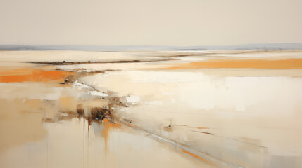 A minimalist landscape painting featuring a light, airy palette of beige, brown, and orange hues