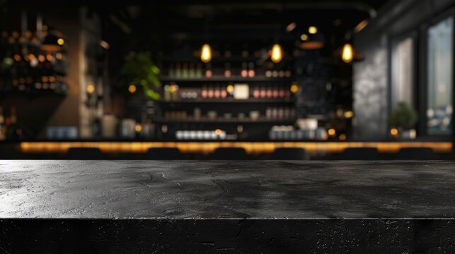 Black concrete countertop in a bar for product presentation. Empty tabletop mockup against blurred cafe background. Podium for drinks and food.