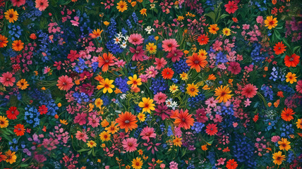 Floral Tapestry Delight: Field of Flowers Adorning a Lush and Colorful Background, Creating a Mesmerizing Tapestry of Botanical Wonders and Vivid Shades, Generative AI